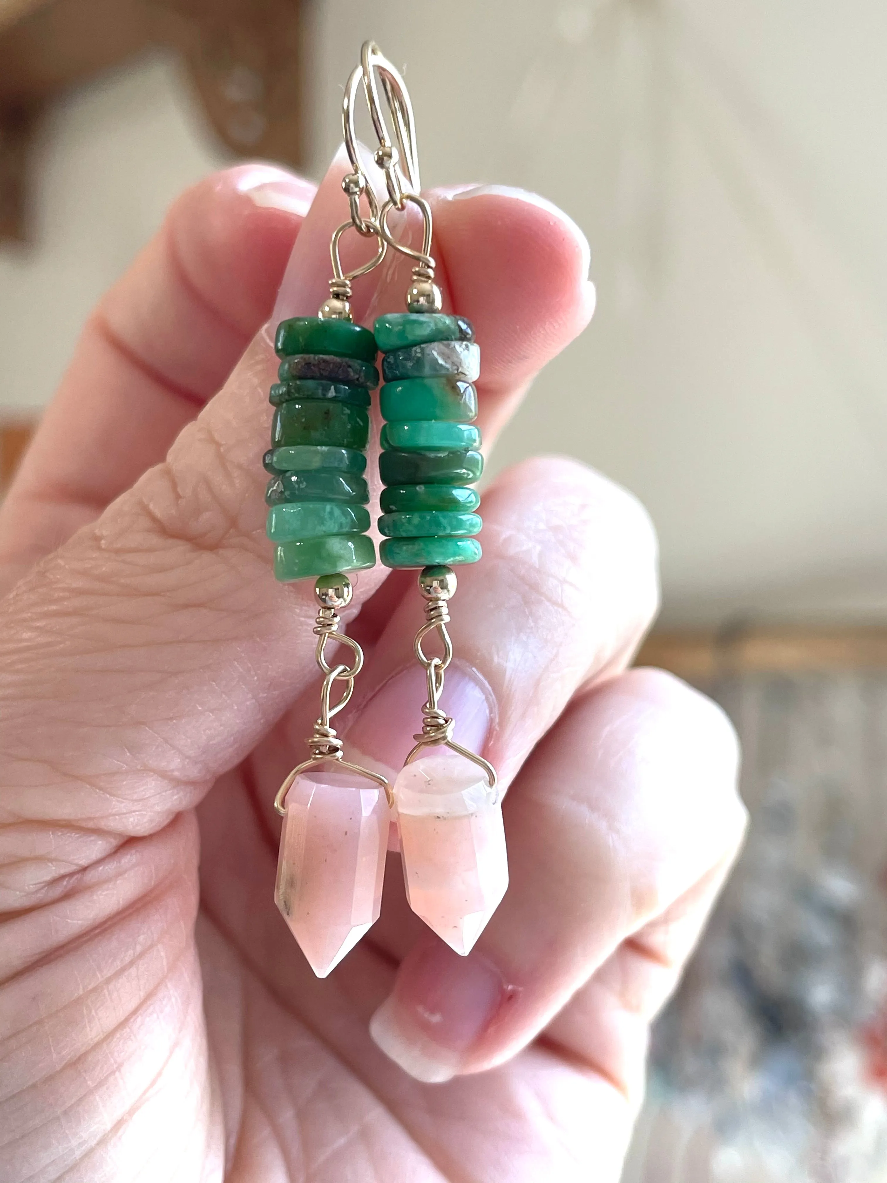 Raw Crystal Earrings - Pink Opal Points And Chrysoprase Gold Filled