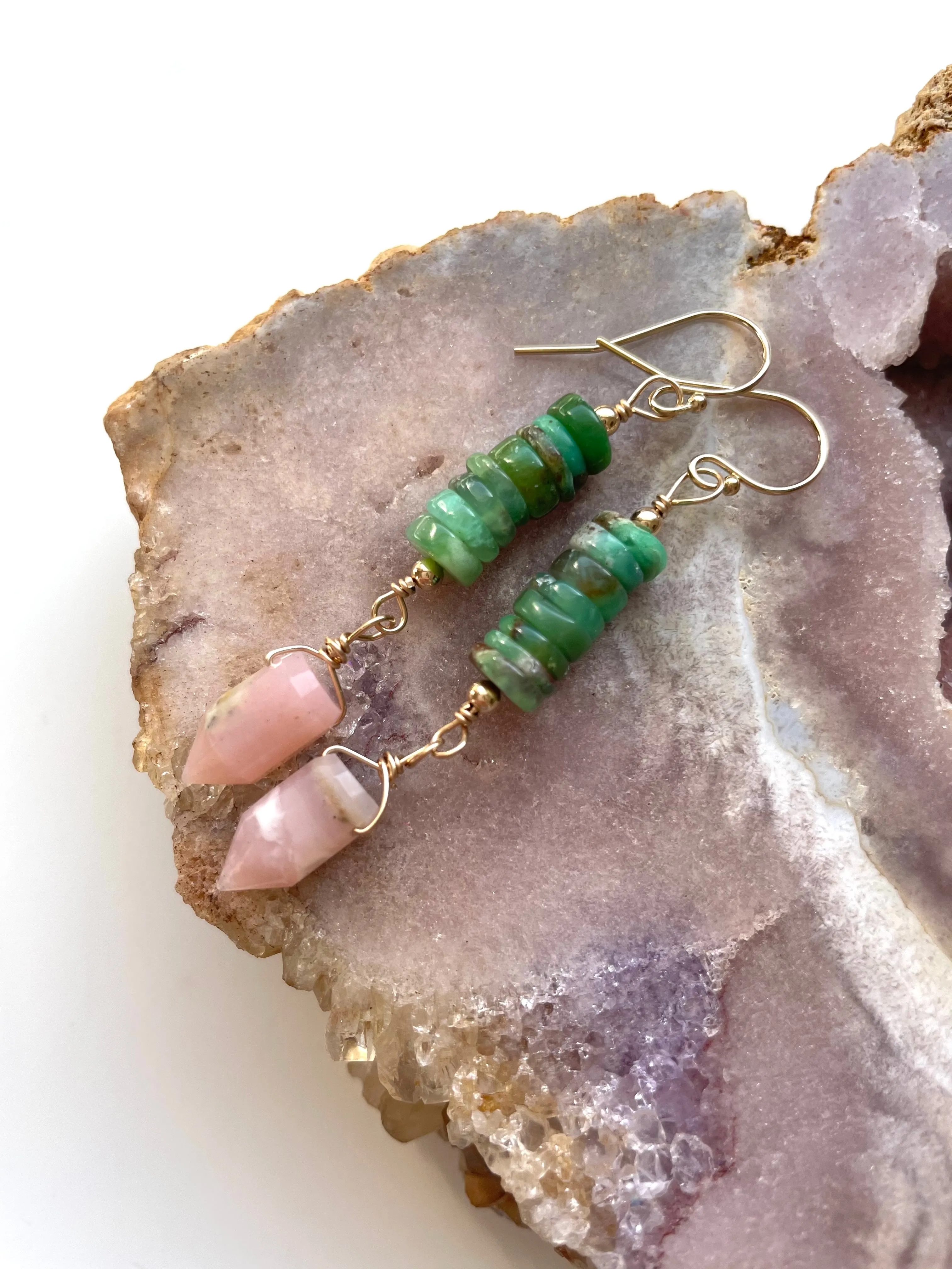 Raw Crystal Earrings - Pink Opal Points And Chrysoprase Gold Filled