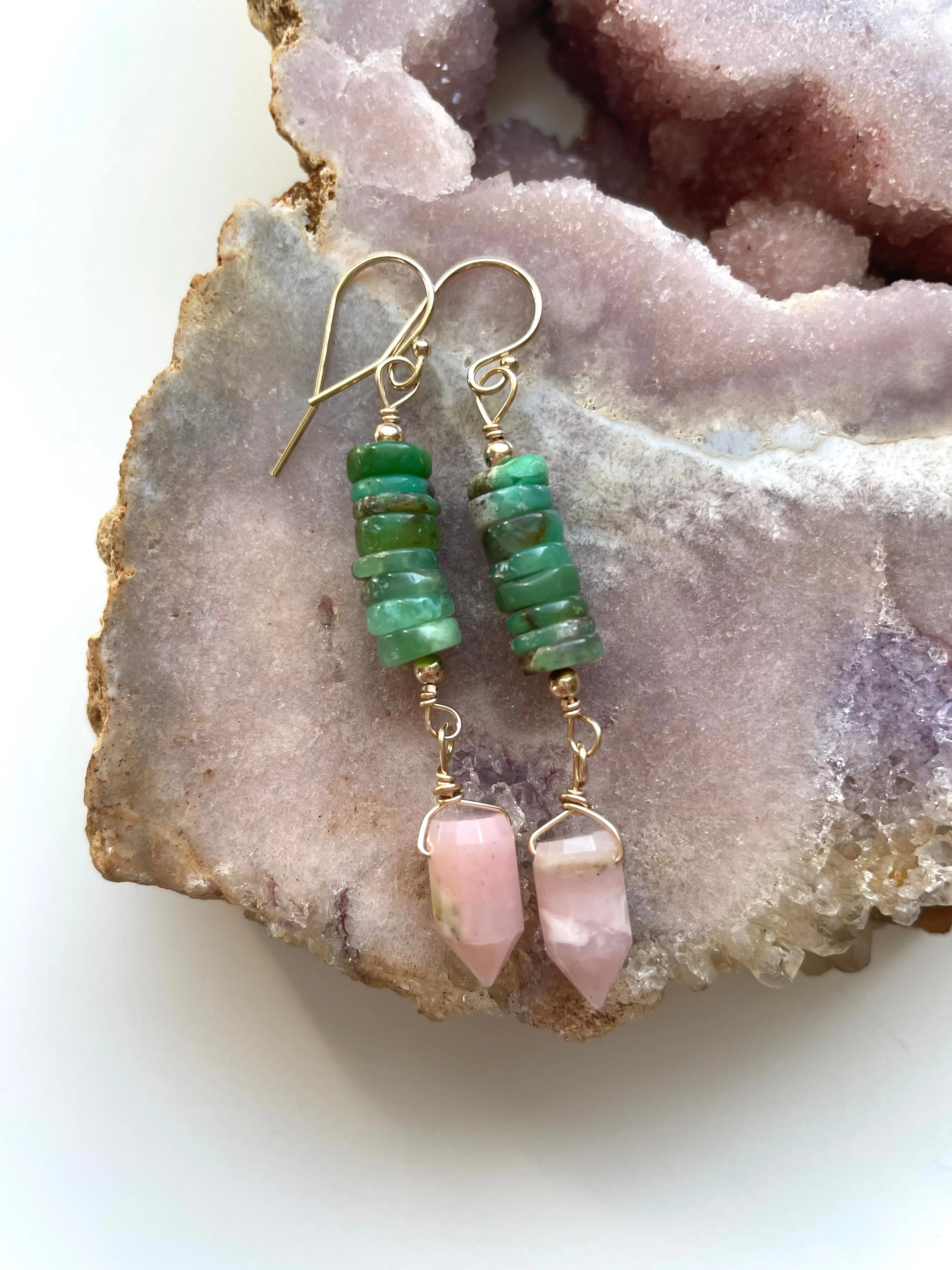 Raw Crystal Earrings - Pink Opal Points And Chrysoprase Gold Filled