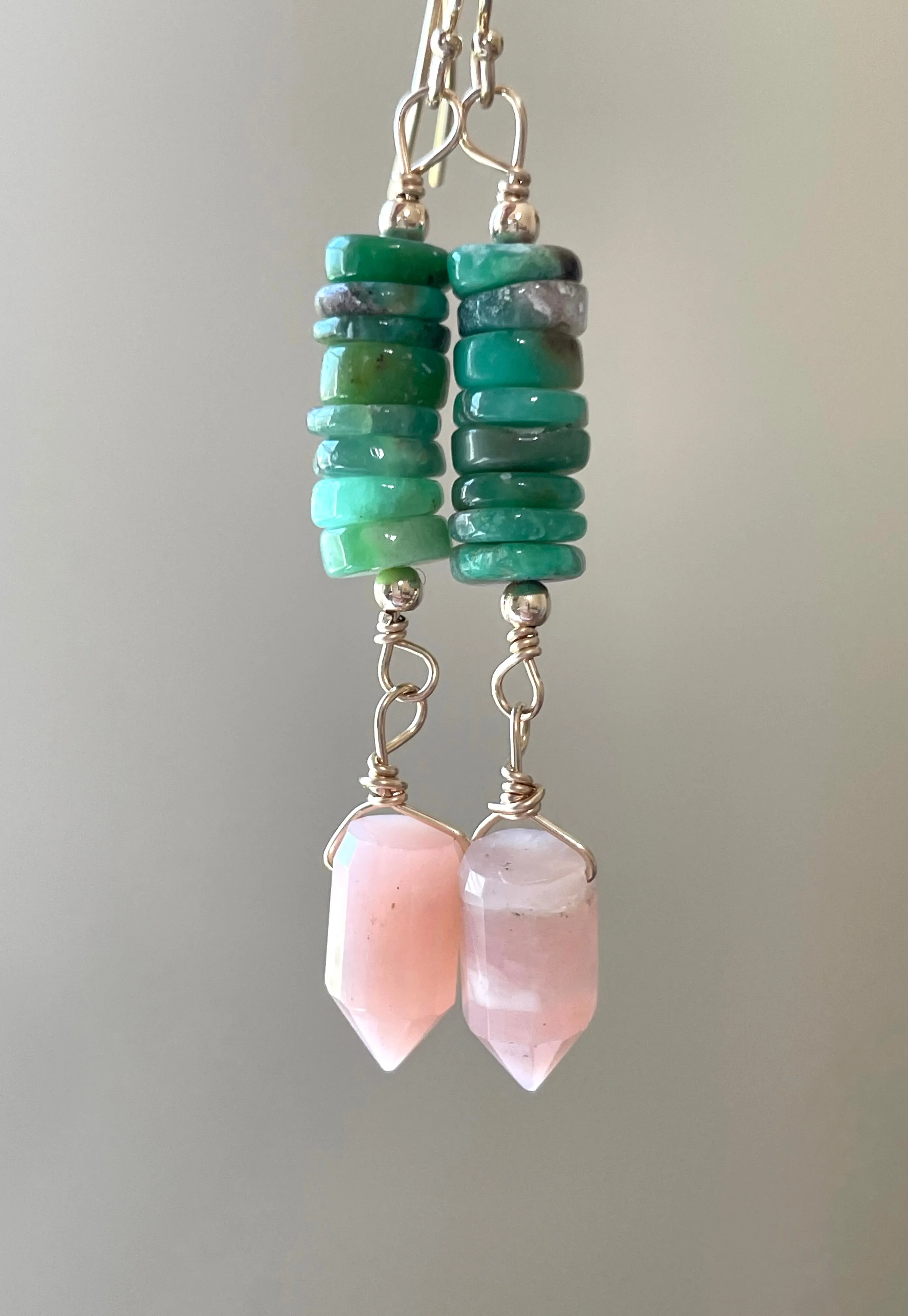 Raw Crystal Earrings - Pink Opal Points And Chrysoprase Gold Filled