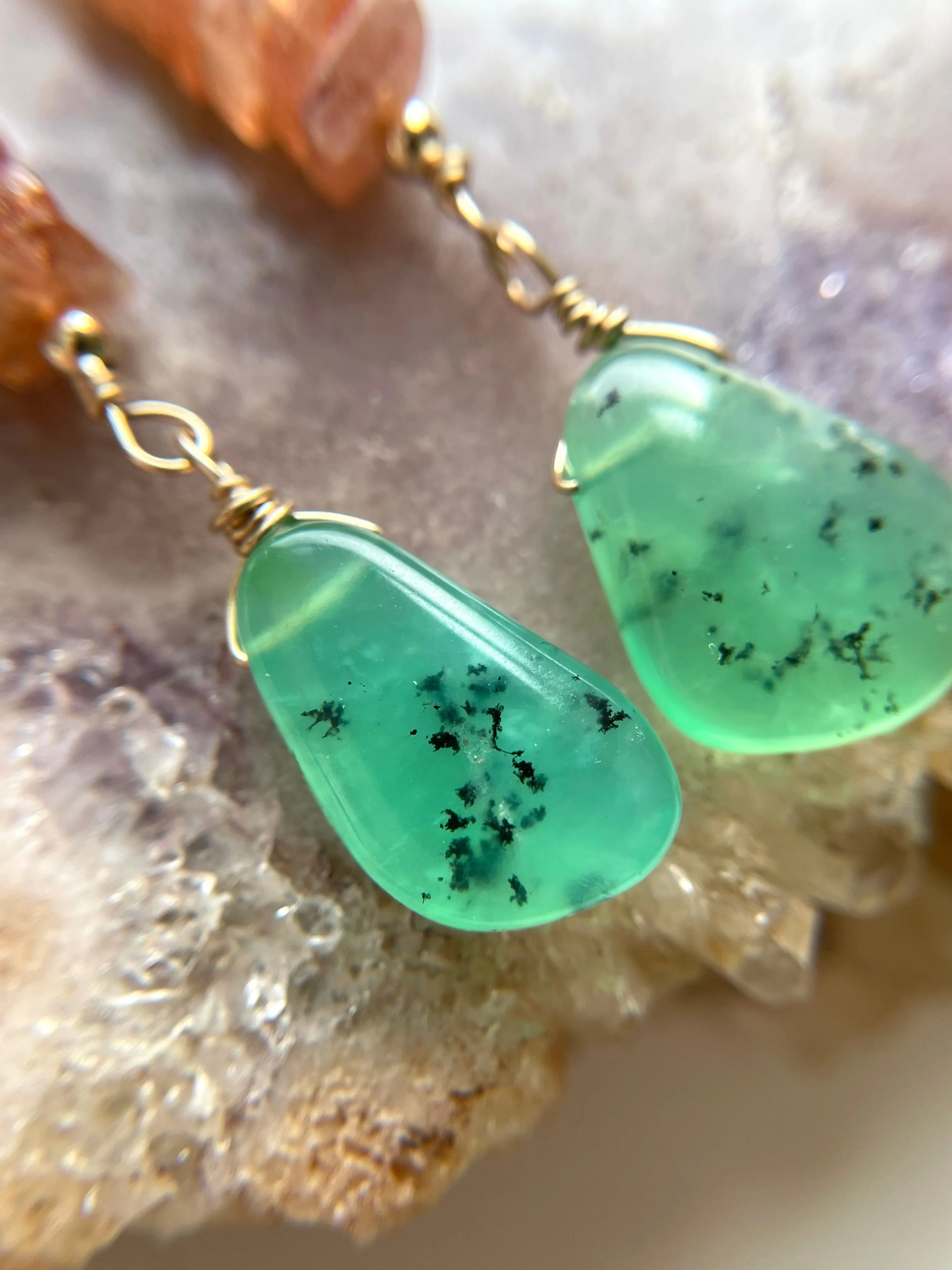 Raw Crystal Earrings - Sunstone and Chrysoprase Gold Filled