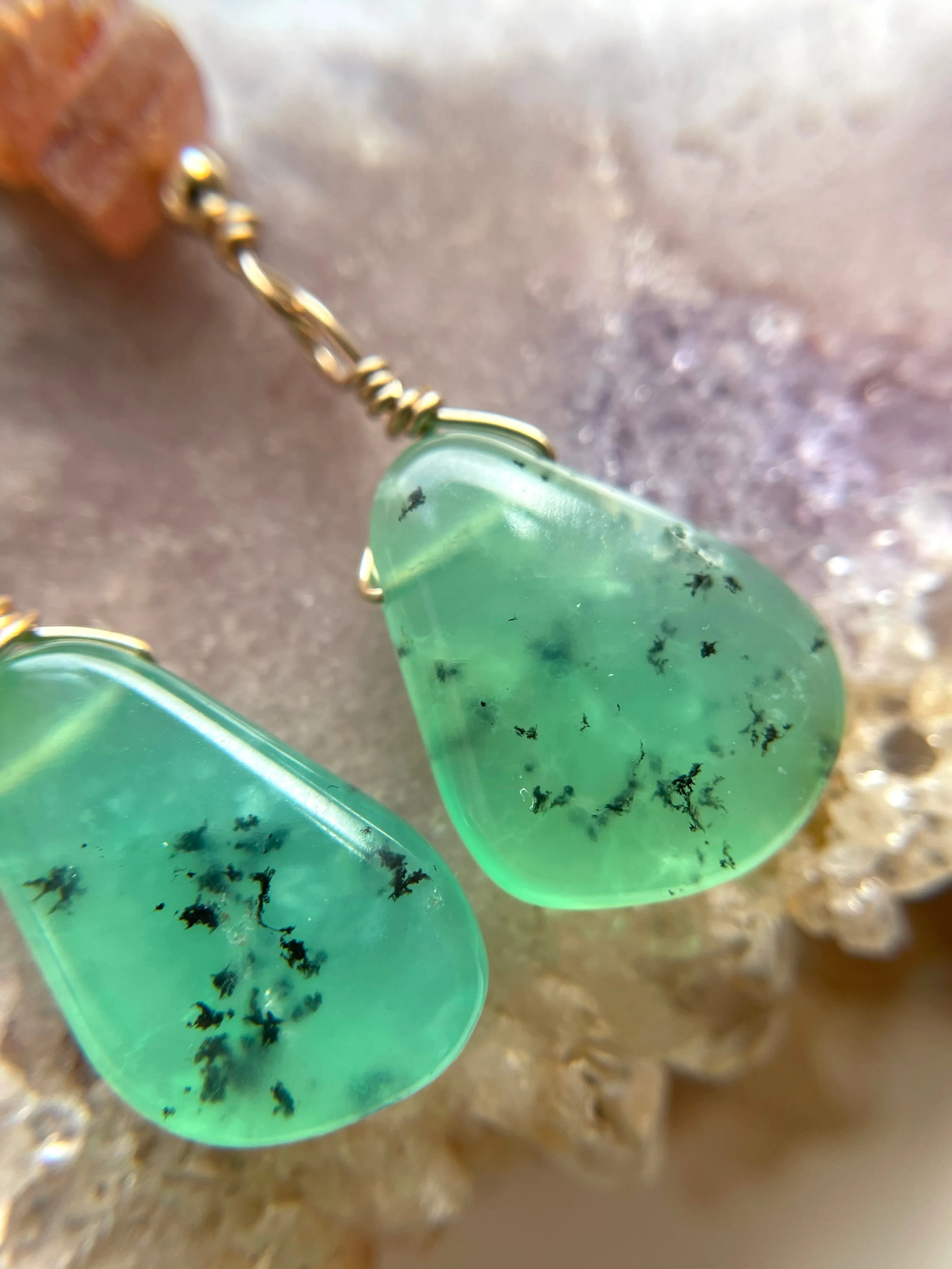 Raw Crystal Earrings - Sunstone and Chrysoprase Gold Filled