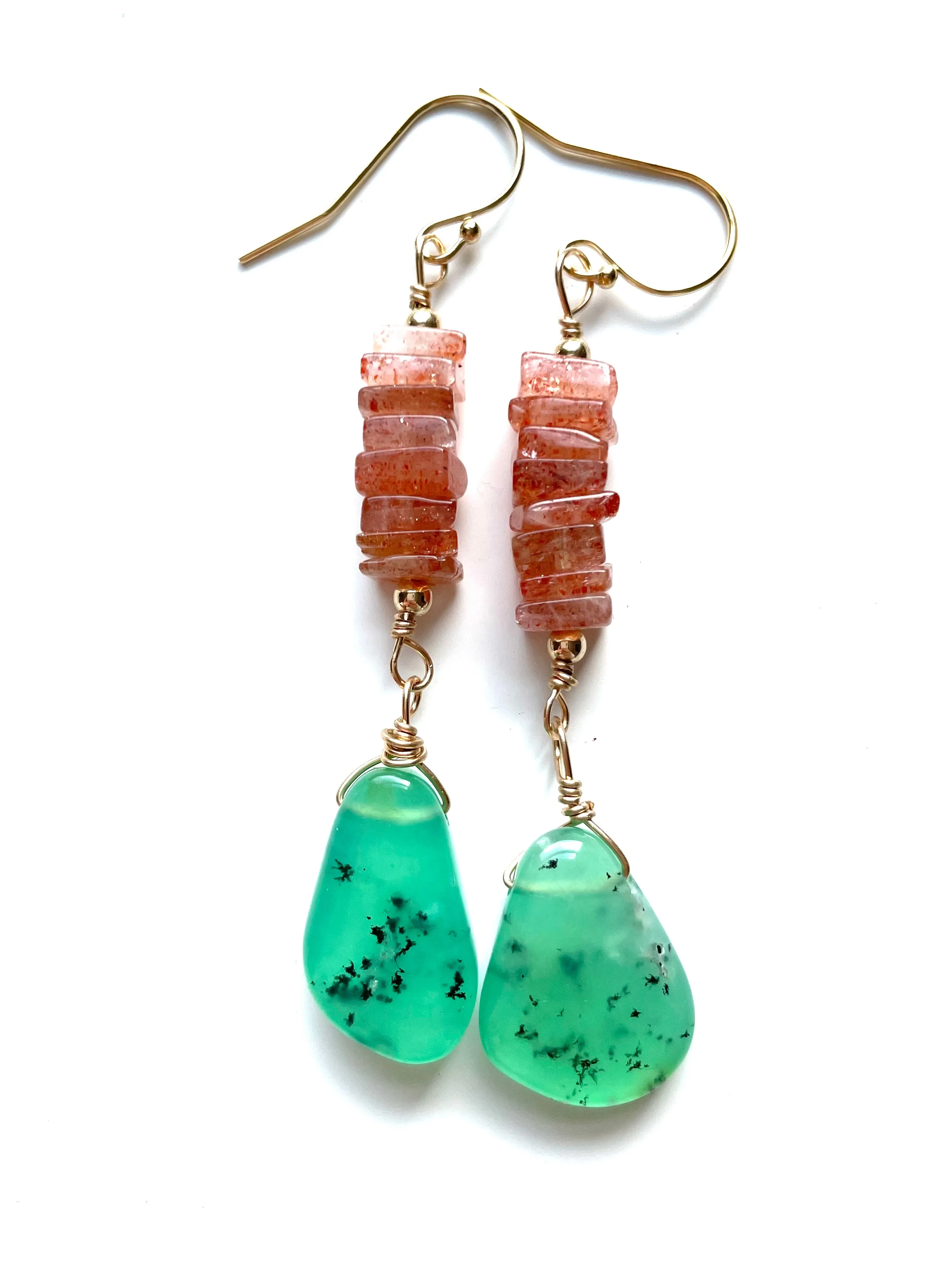 Raw Crystal Earrings - Sunstone and Chrysoprase Gold Filled