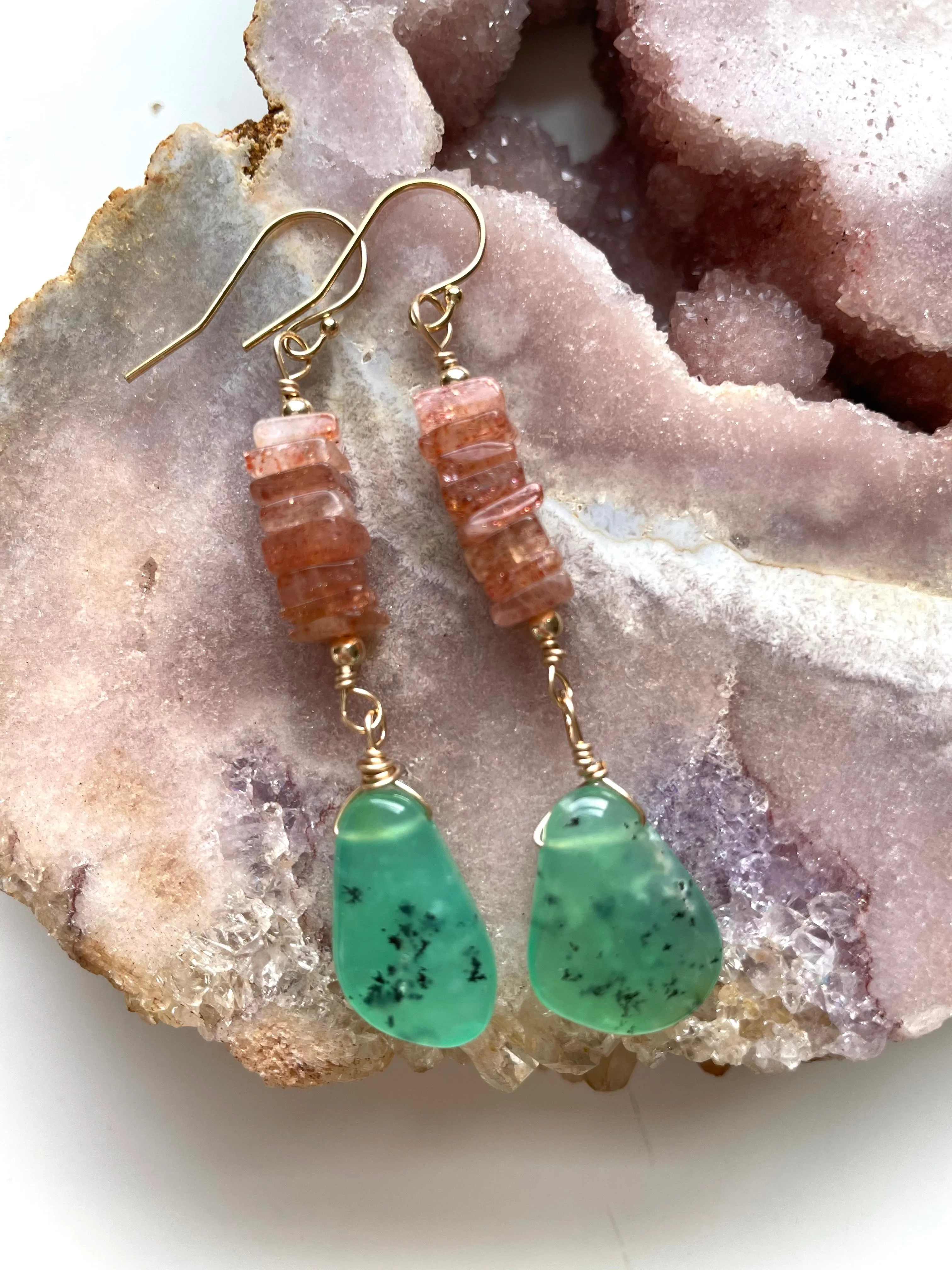 Raw Crystal Earrings - Sunstone and Chrysoprase Gold Filled