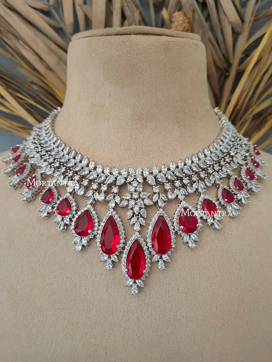 Red Color Silver Plated Faux Diamond Bridal Necklace Set - CZSET5RA