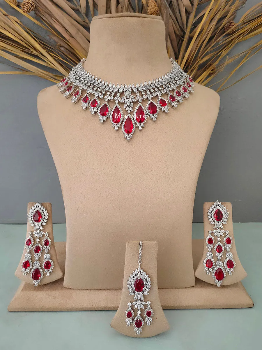 Red Color Silver Plated Faux Diamond Bridal Necklace Set - CZSET5RA