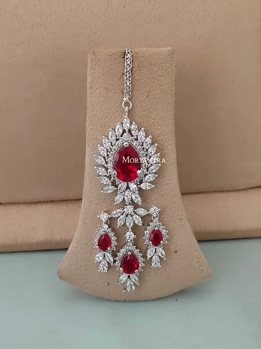 Red Color Silver Plated Faux Diamond Bridal Necklace Set - CZSET5RA