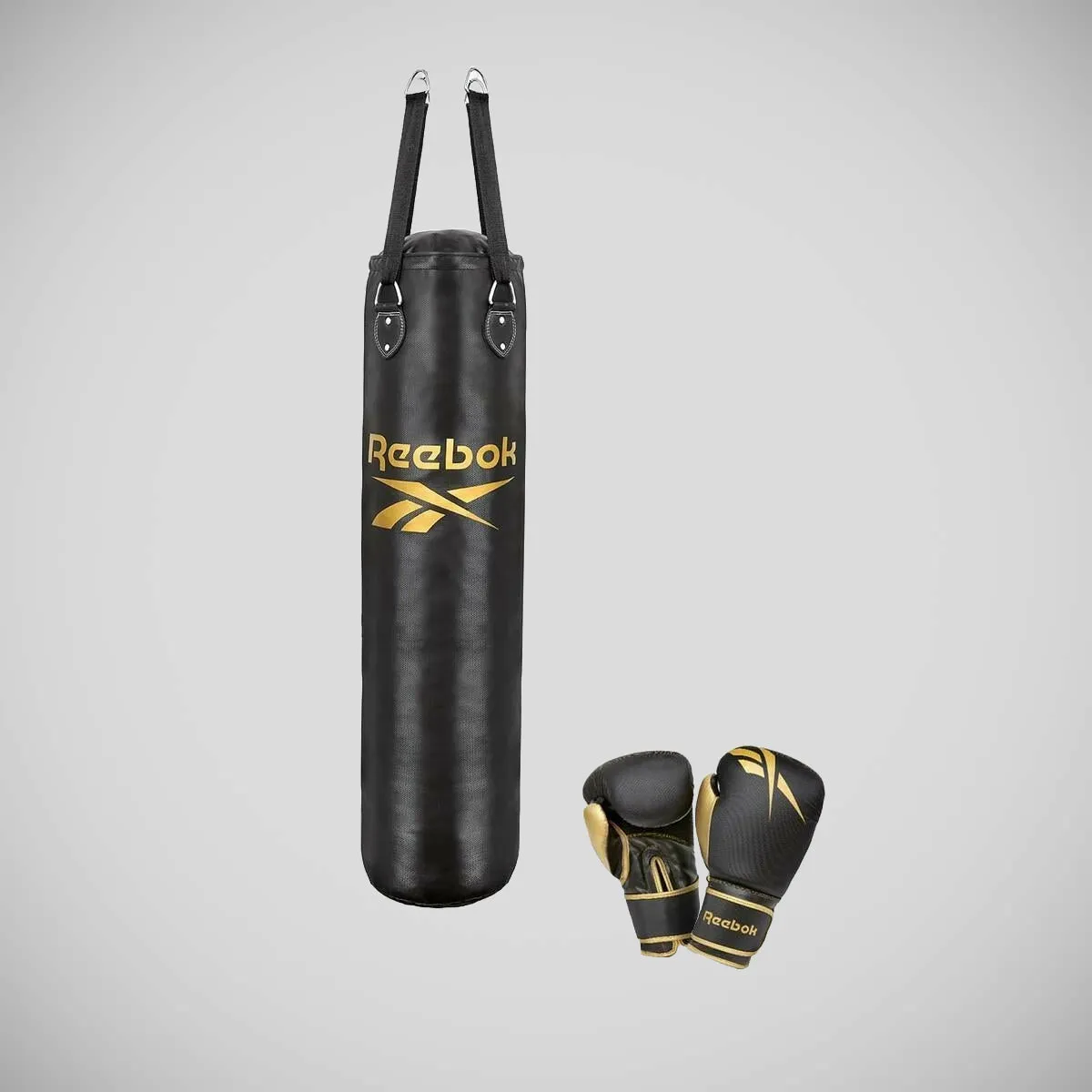 Reebok 4ft Punch Bag and Boxing Gloves Black/Gold