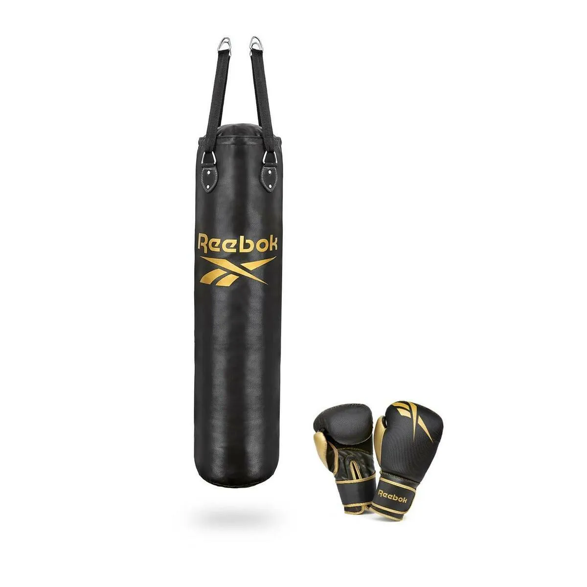 Reebok 4ft Punch Bag and Boxing Gloves Black/Gold