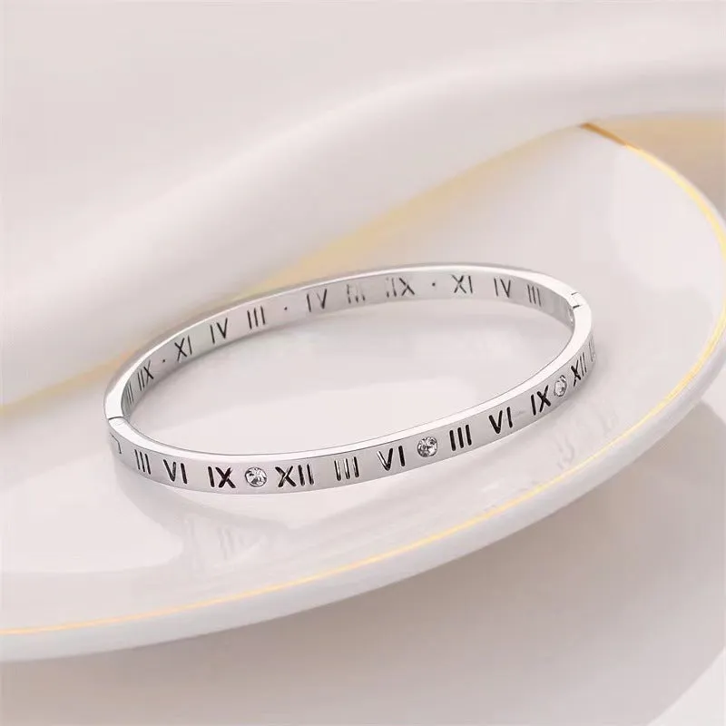 Roman Numeral with ZC Stones Handcuff Bangle Bracelet Stainless Steel, 17cm