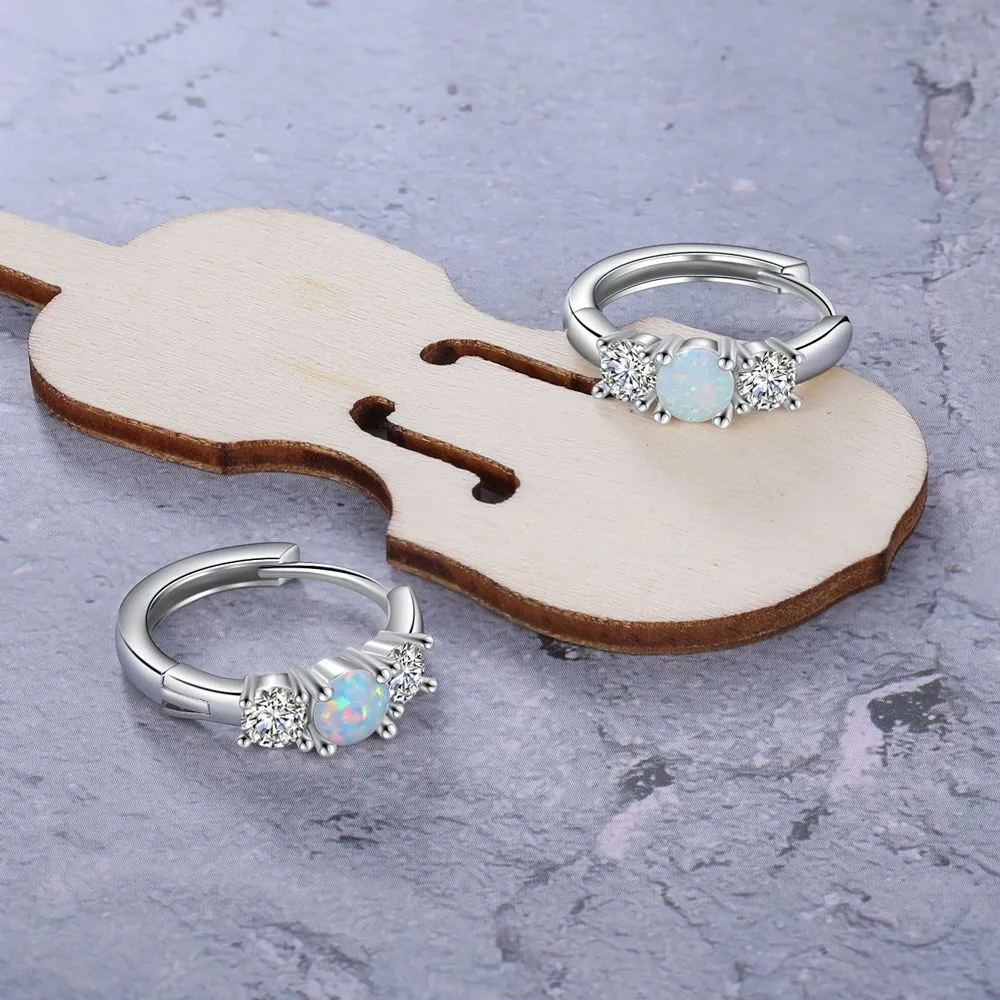 Round Opal with Two Small Zircon Sterling Silver Hoop Earrings