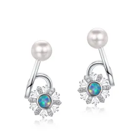 Round Opal Zircon Snowflake with Pearl Sterling Silver Stud Earrings