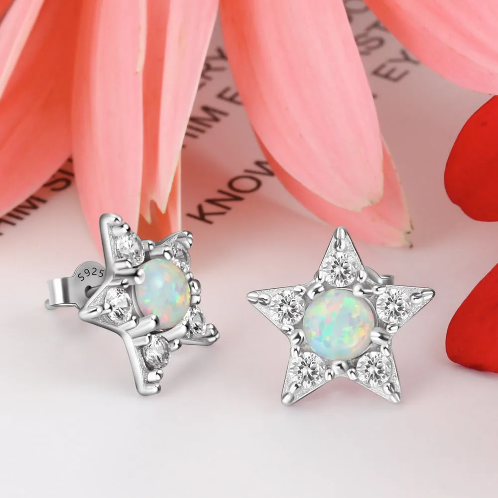 Round Opal Zircon Star Sterling Silver Stud Earrings