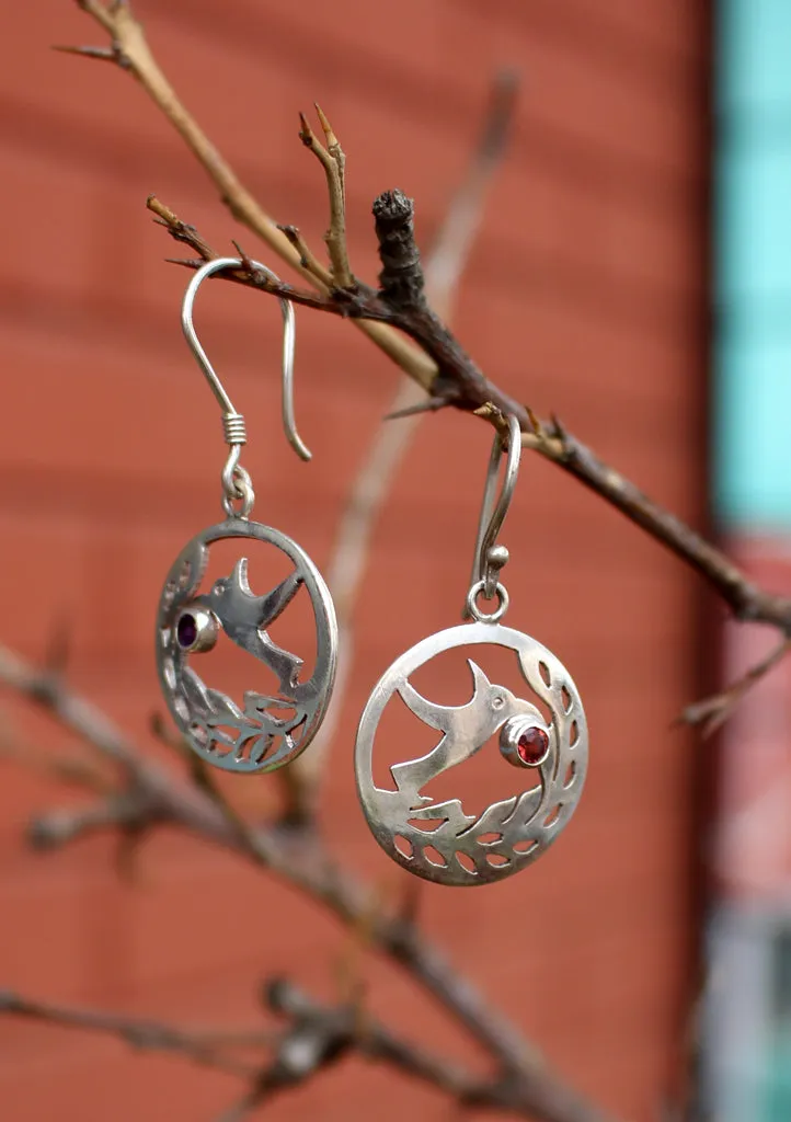 Round Silver Sterling Peace Dove Earrings