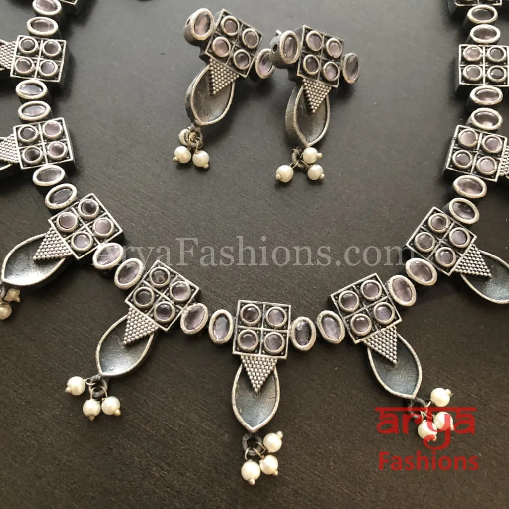 Rumi Handmade Oxidized Silver Necklace with Pearl Beads/Kolhapuri Necklace