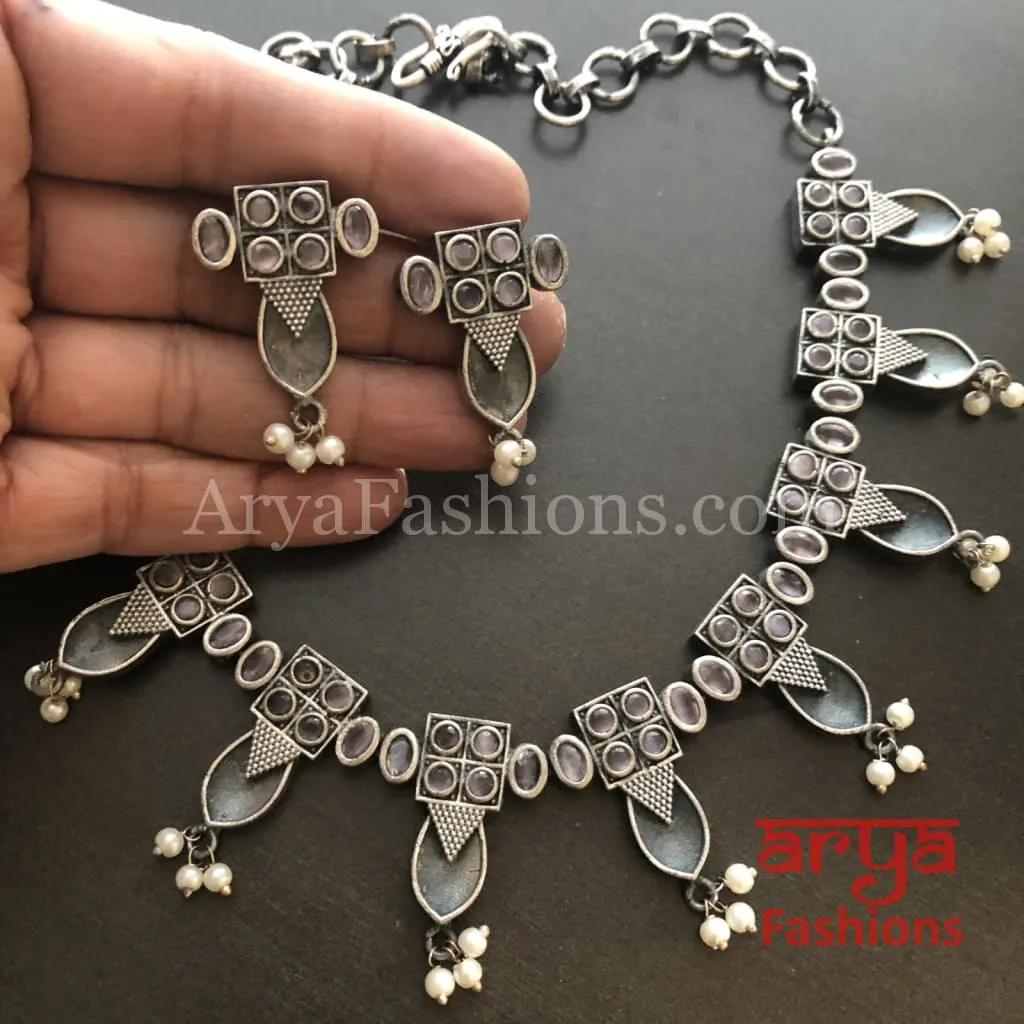 Rumi Handmade Oxidized Silver Necklace with Pearl Beads/Kolhapuri Necklace