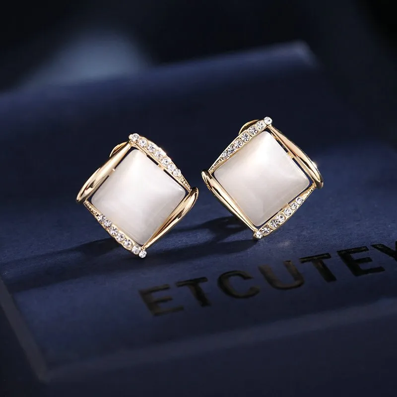 S925 silver needle fashion Korean style opal earrings trendy simple geometric buckle anti-lost earrings LYX016