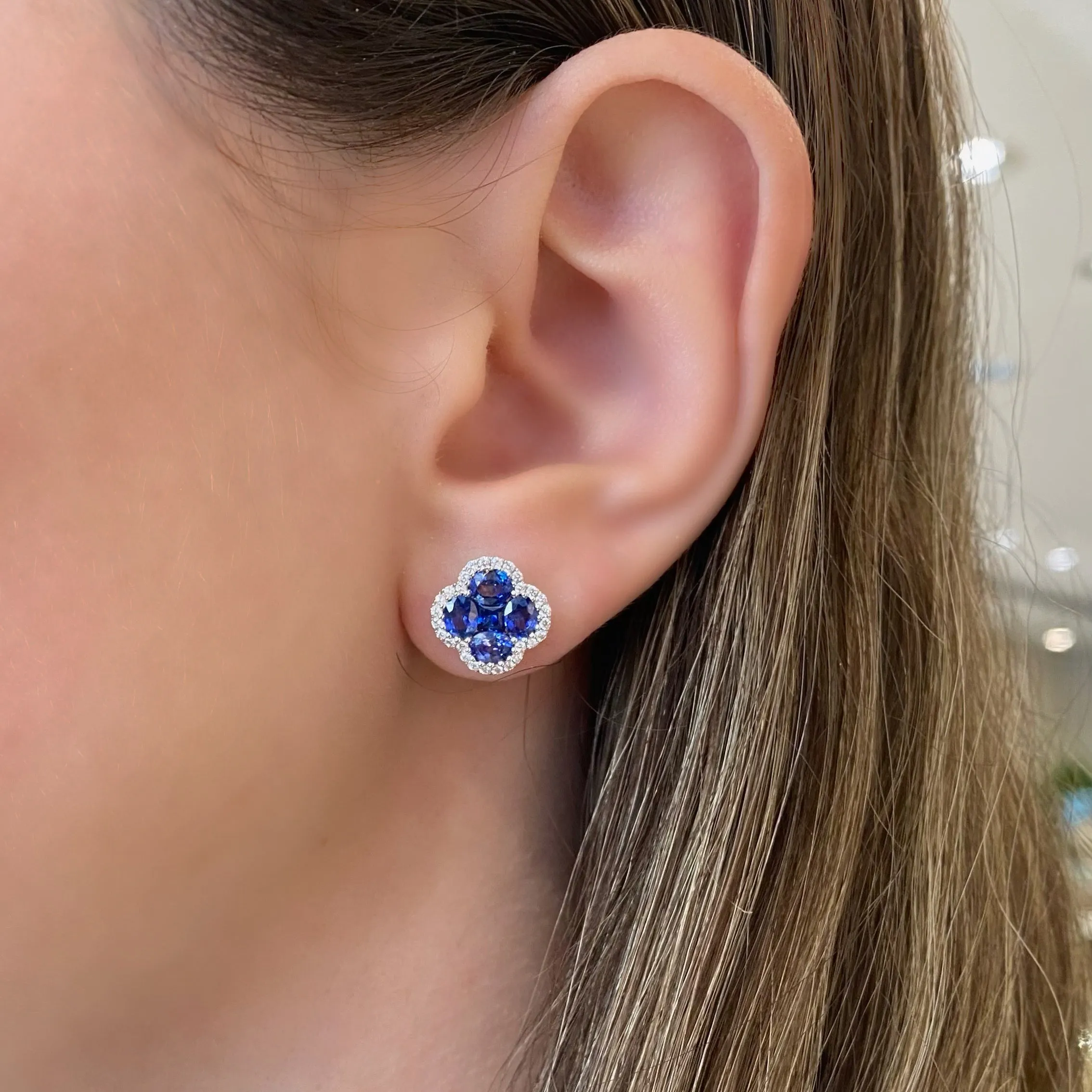 Sapphire & Diamond Flower Stud Earrings