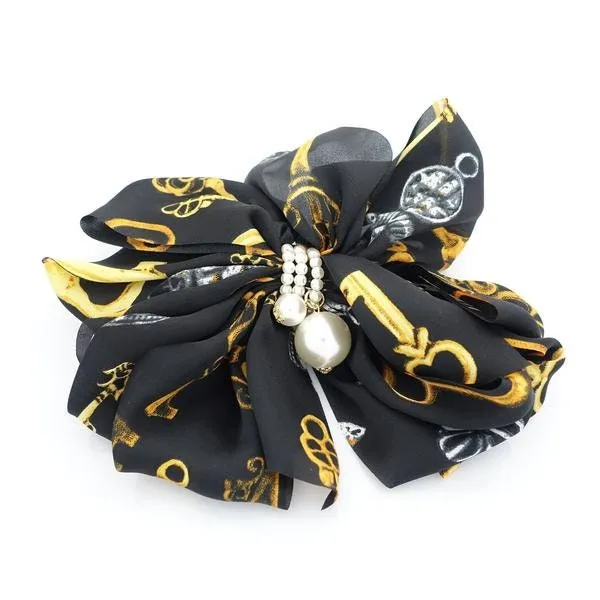 Satin Multi Drape Wing Key Baroque Print Scarf Bow French Hair Barrette