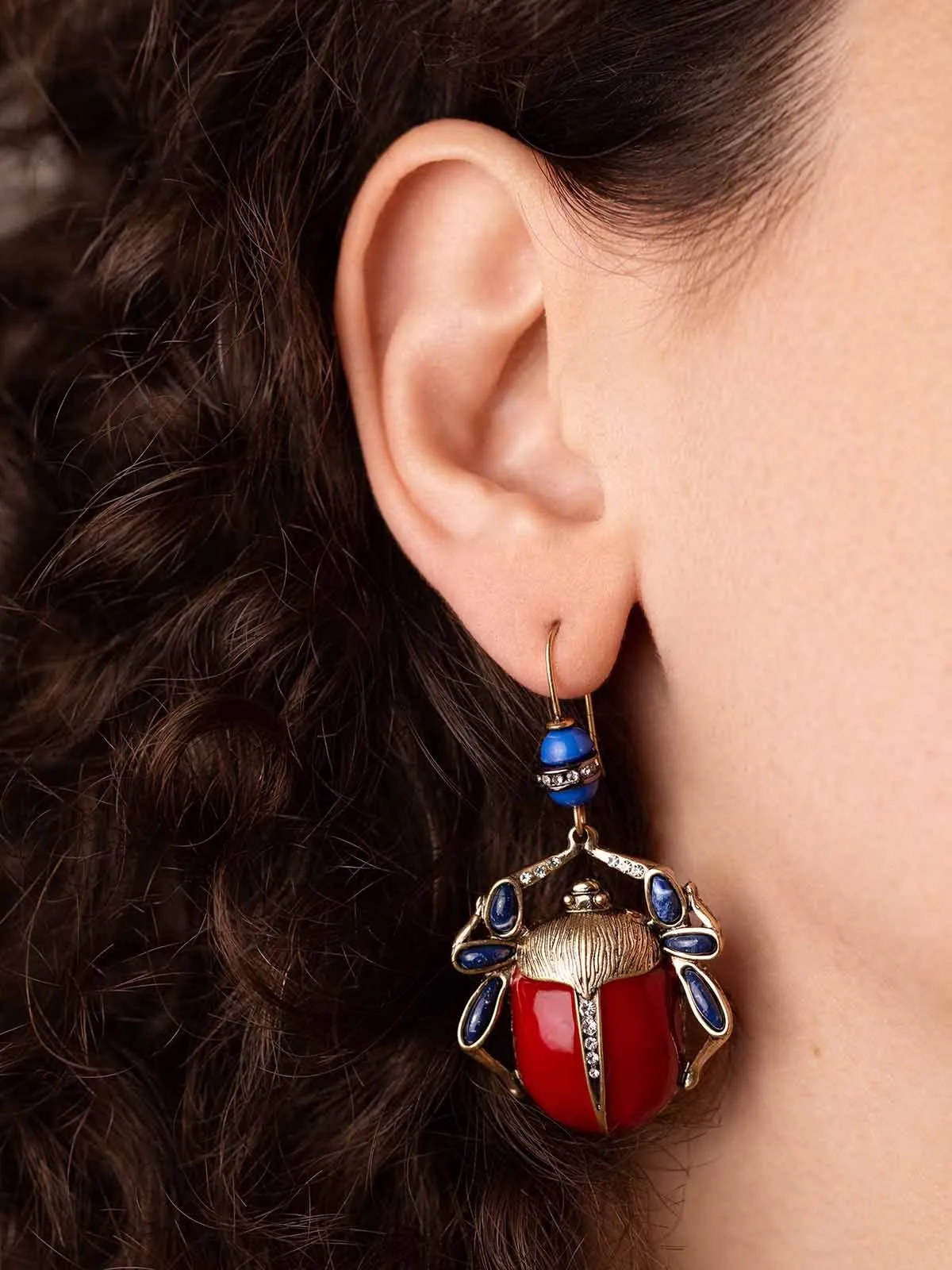 Scarab Earrings with Red and Blue Stones