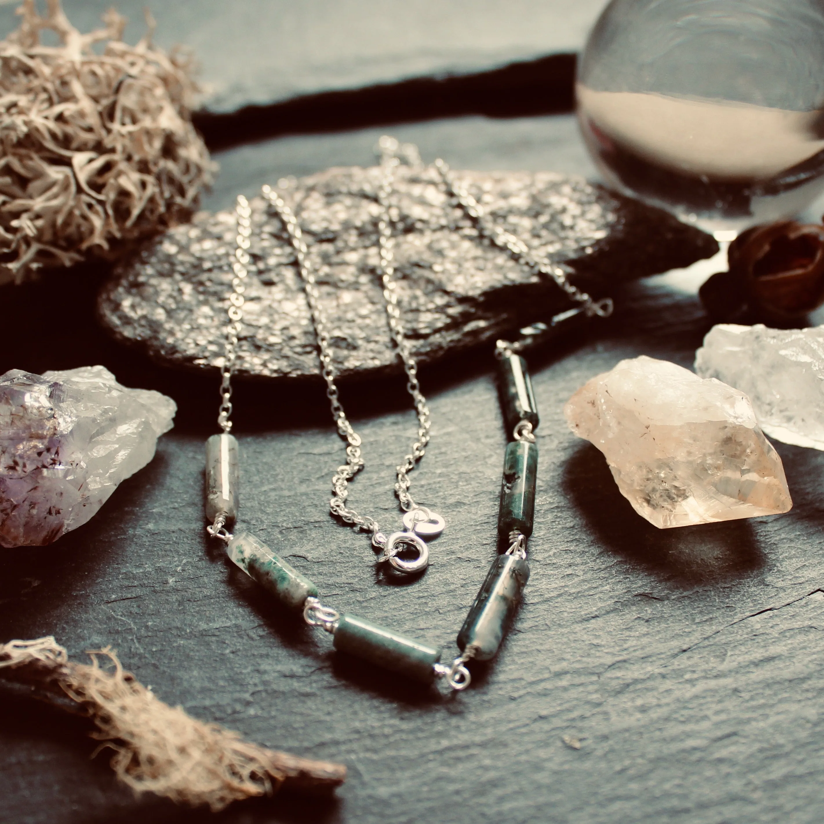 Seven Wonders Necklace with Moss Agate in Sterling