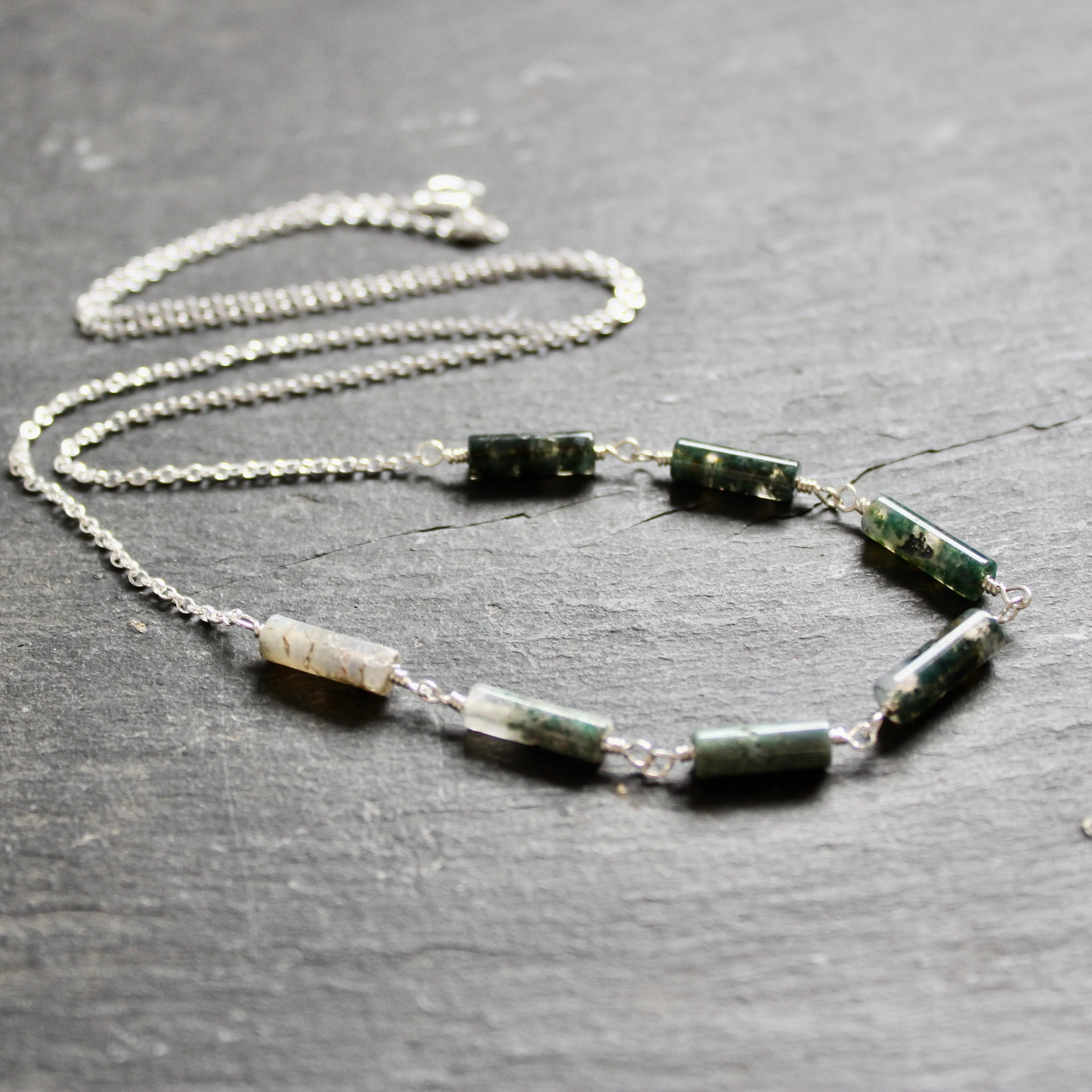 Seven Wonders Necklace with Moss Agate in Sterling