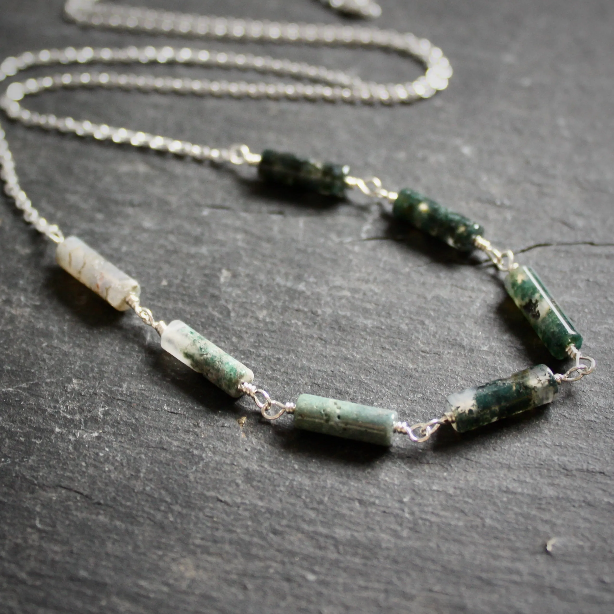 Seven Wonders Necklace with Moss Agate in Sterling