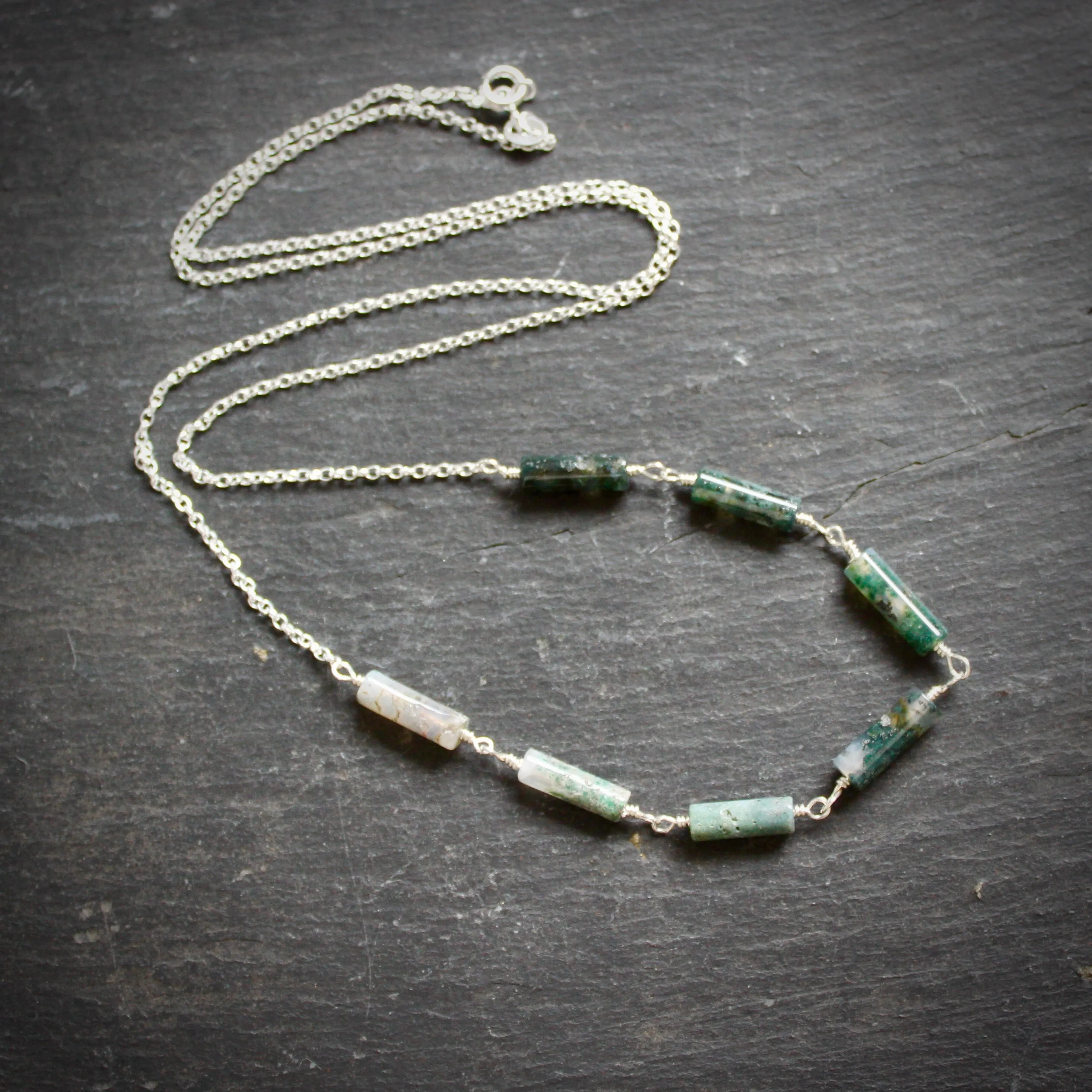 Seven Wonders Necklace with Moss Agate in Sterling