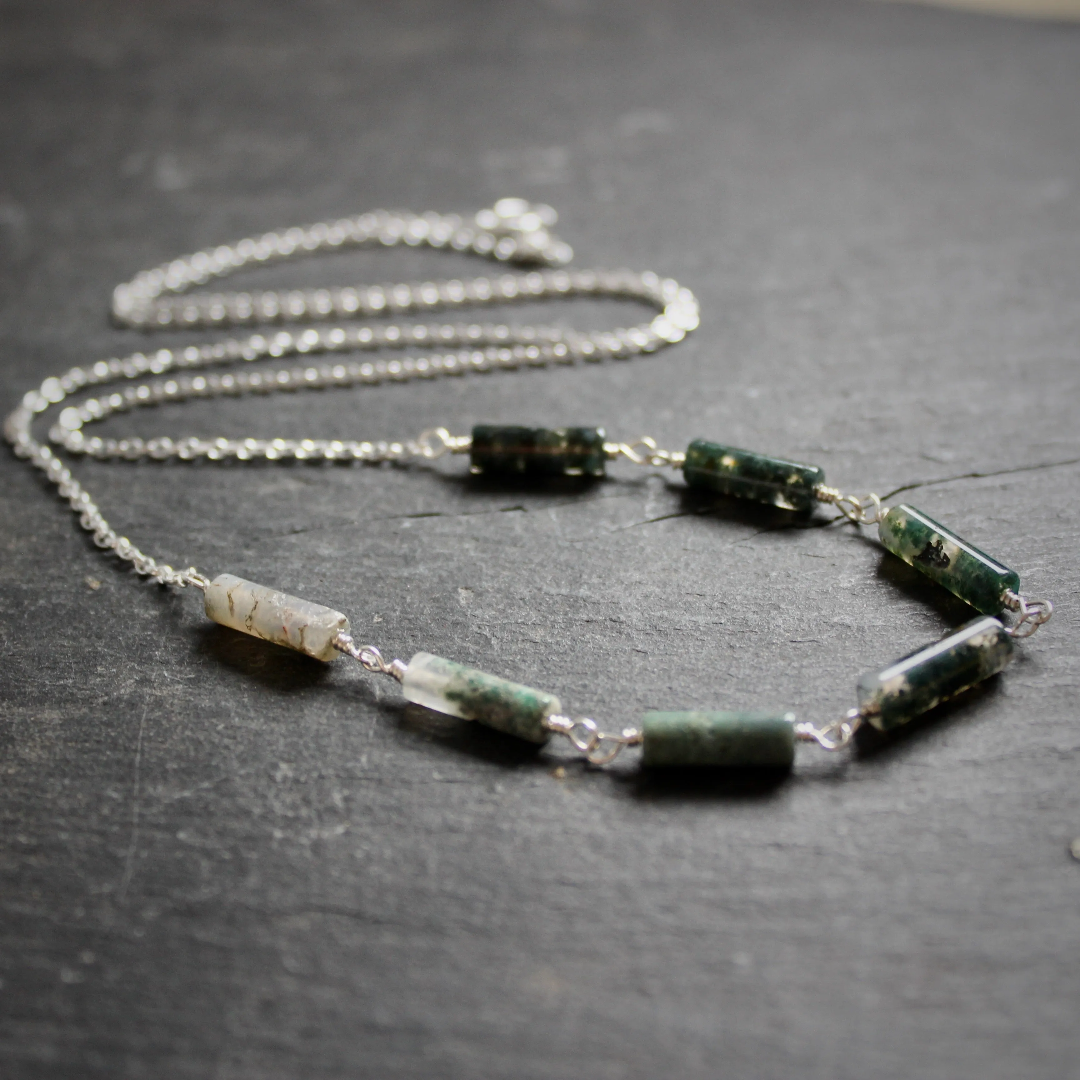 Seven Wonders Necklace with Moss Agate in Sterling