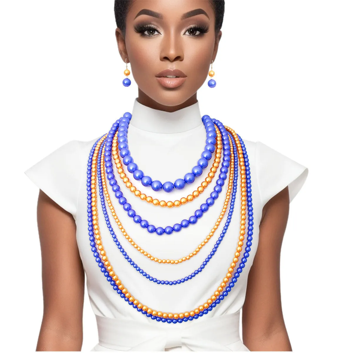 SGRHO Sorority Blue Gold Pearl Long 7 Row Necklace