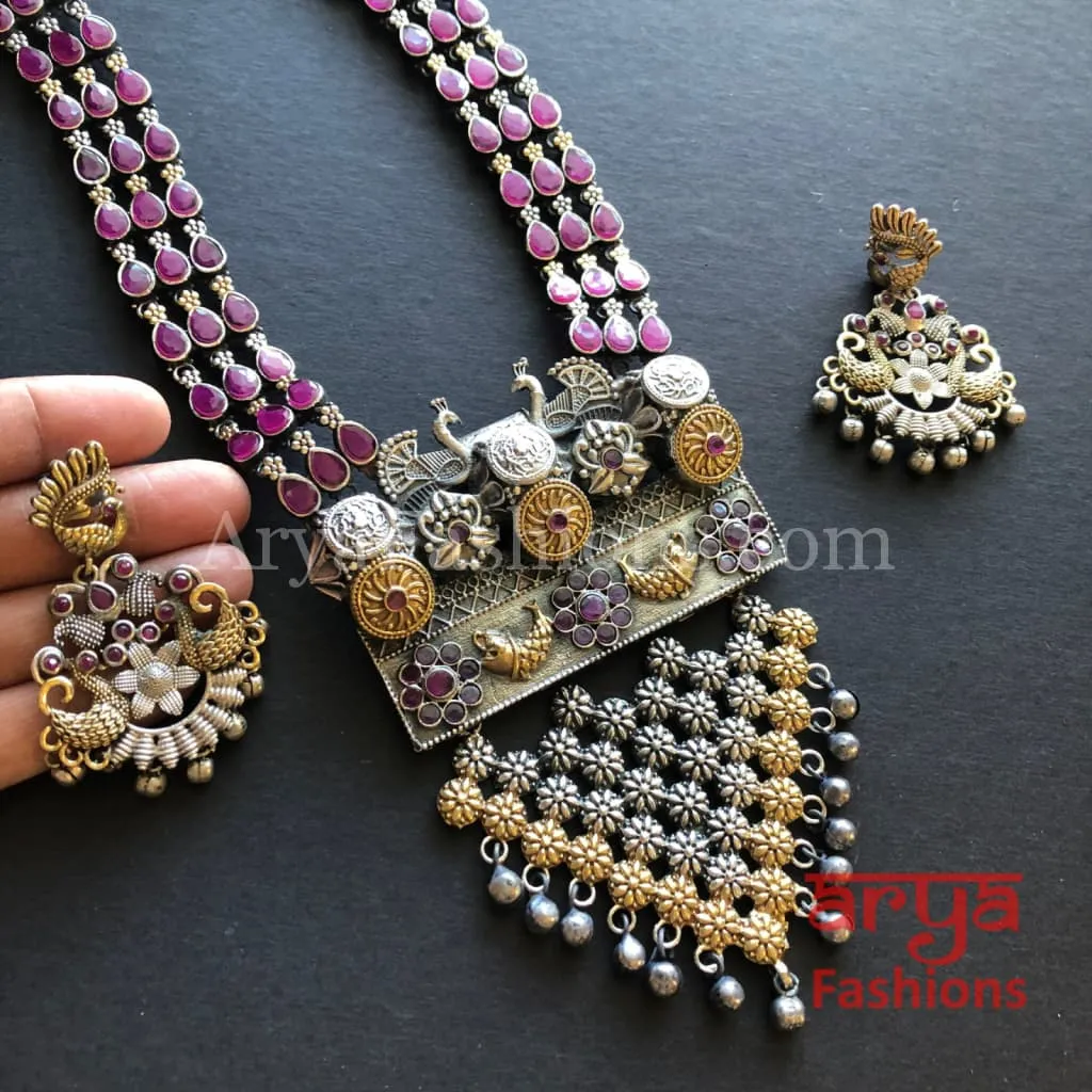 Shaia Silver Oxidized Tribal Necklace with colored Cultured Stones