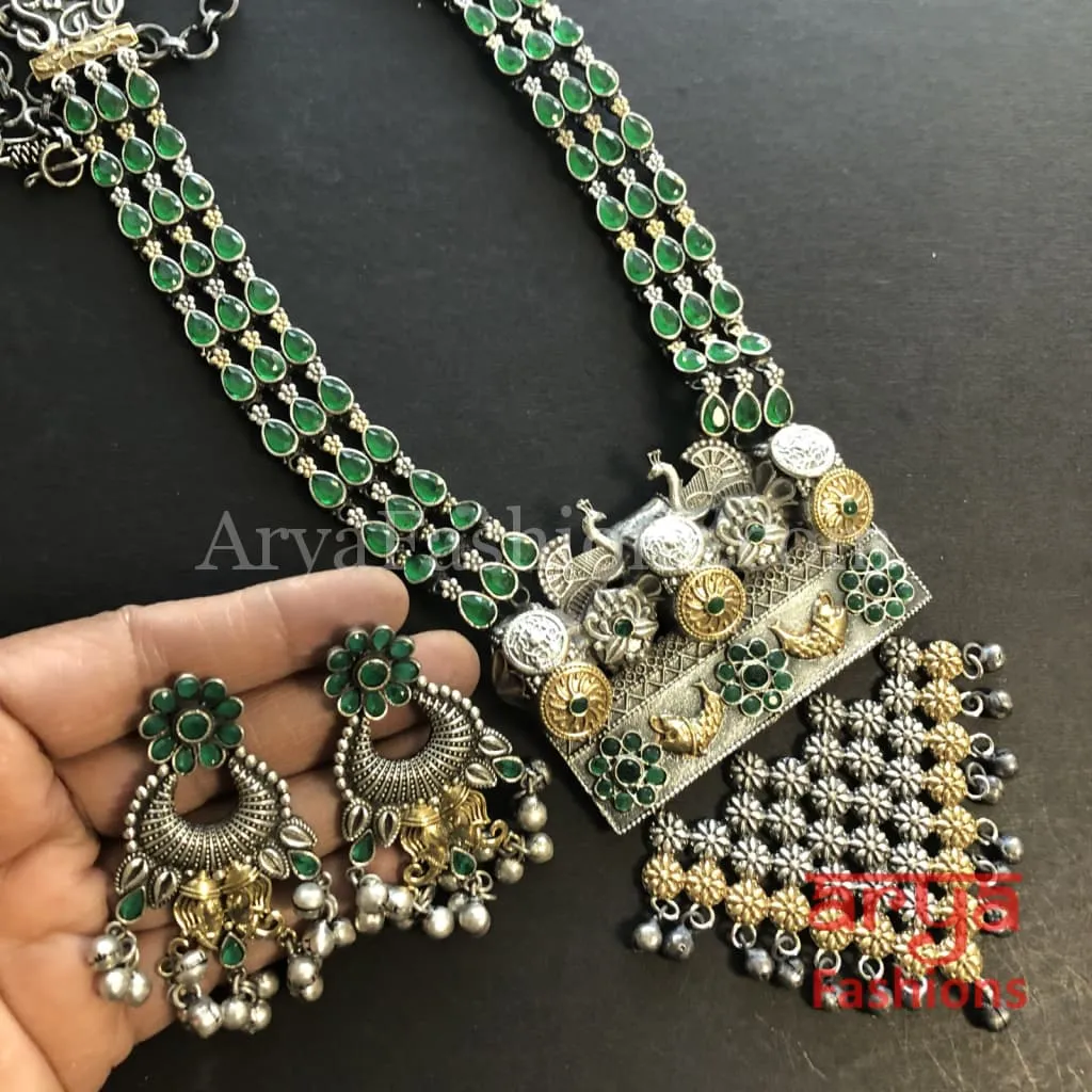 Shaia Silver Oxidized Tribal Necklace with colored Cultured Stones