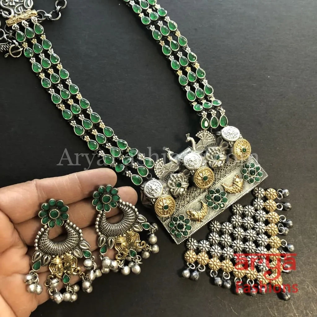 Shaia Silver Oxidized Tribal Necklace with colored Cultured Stones