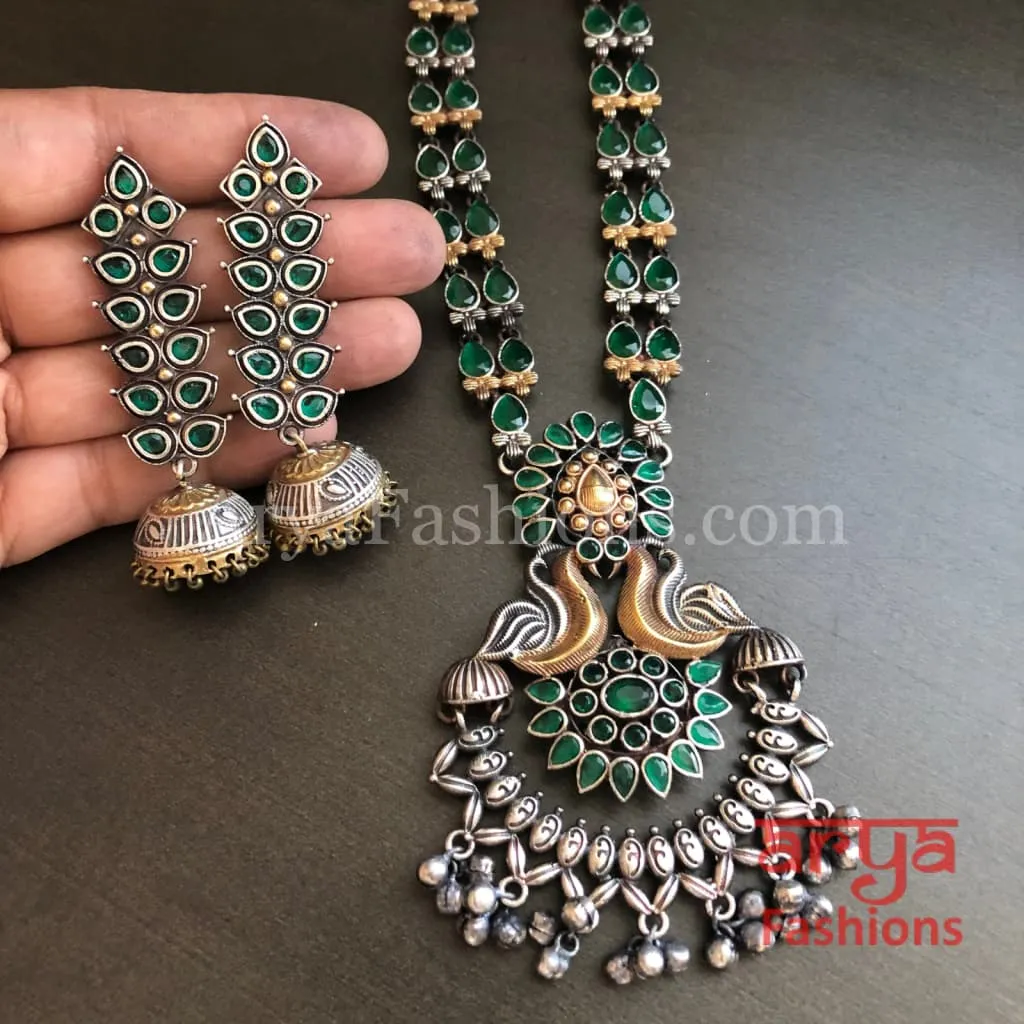 Silver and Gold Dual tone Necklace with Green Cultured Stones