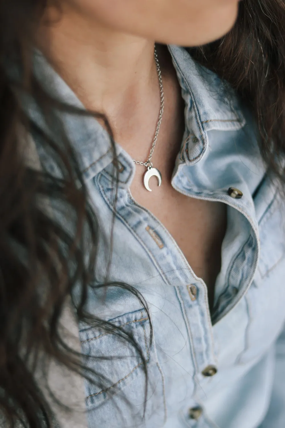 Silver crescent moon necklace, double horn necklace, stainless steel chain necklace, Half Moon Necklace, gift for her, Layering, Celestial, waterproof jewelry