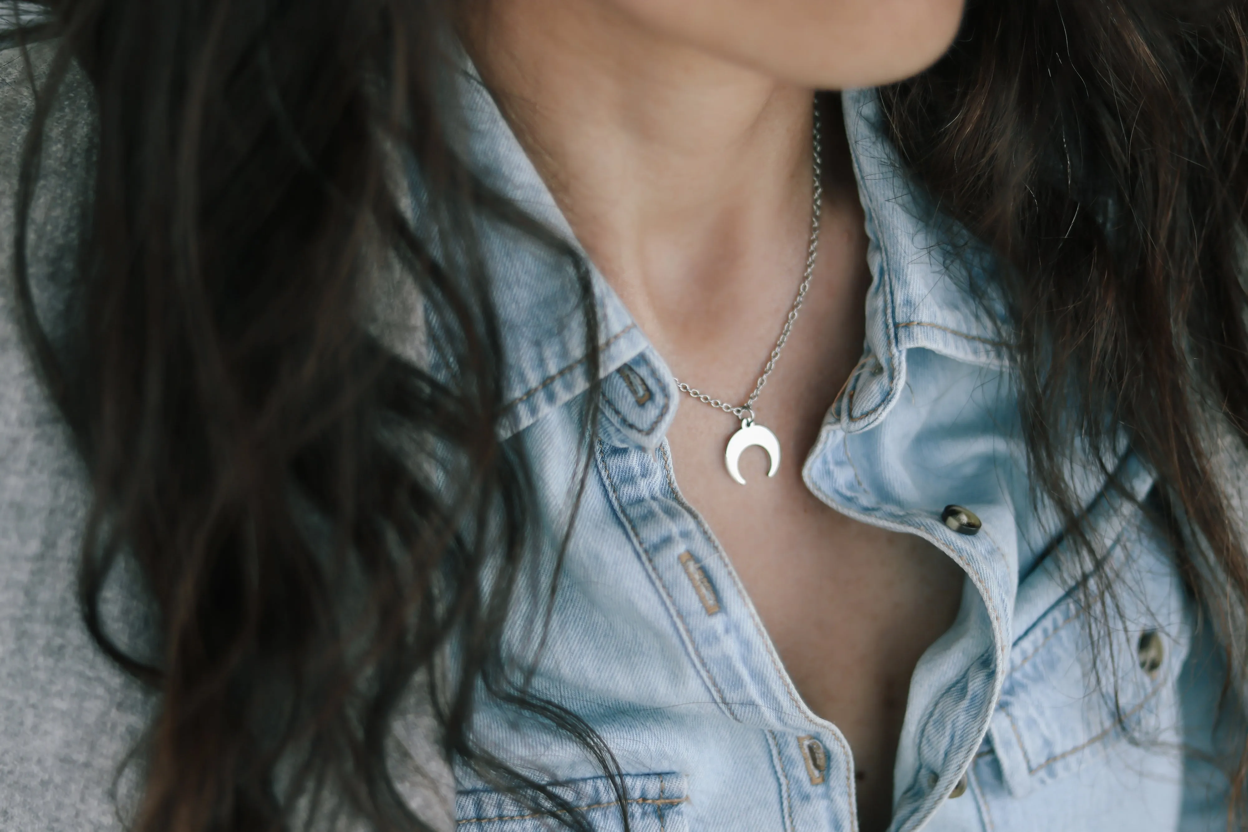 Silver crescent moon necklace, double horn necklace, stainless steel chain necklace, Half Moon Necklace, gift for her, Layering, Celestial, waterproof jewelry