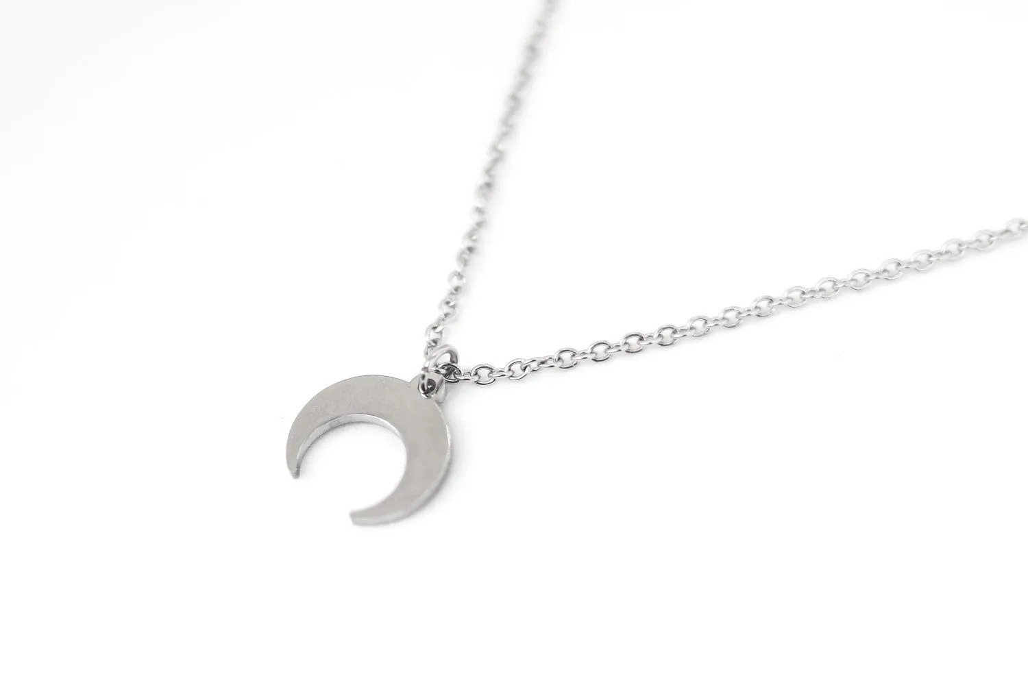 Silver crescent moon necklace, double horn necklace, stainless steel chain necklace, Half Moon Necklace, gift for her, Layering, Celestial, waterproof jewelry