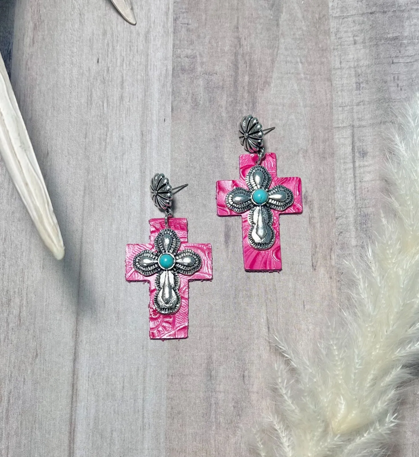 Silver Cross Earrings with Pink Leather Backing