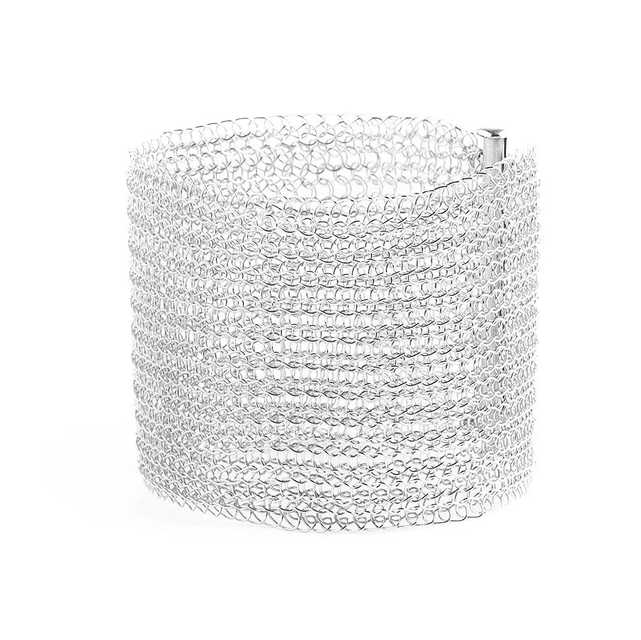 Silver Cuff Bracelet , Wide Knitted Handmade Cuff