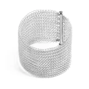 Silver Cuff Bracelet , Wide Knitted Handmade Cuff