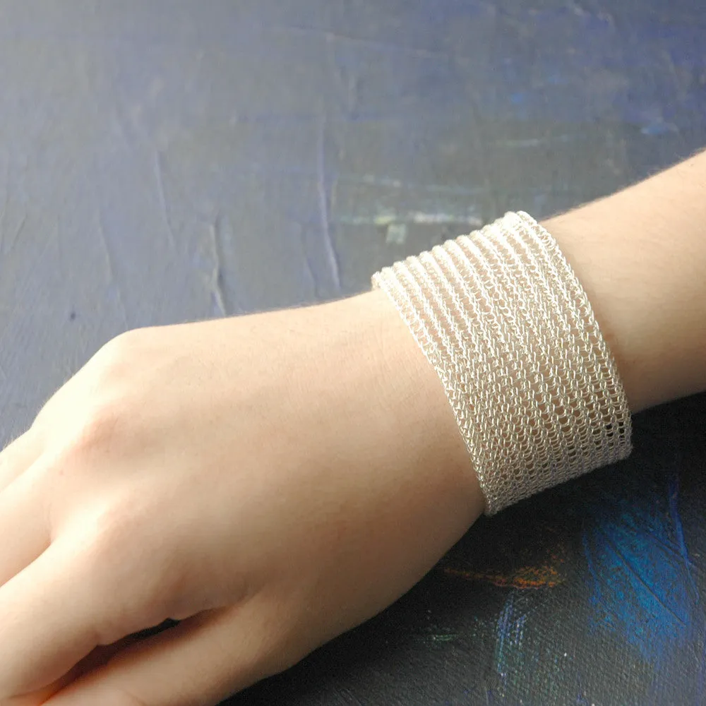 Silver Cuff Bracelet , Wide Knitted Handmade Cuff