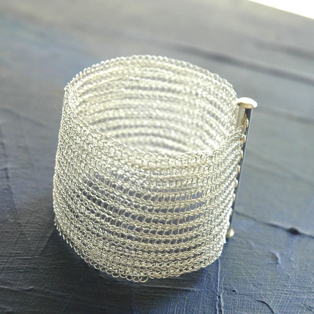 Silver Cuff Bracelet , Wide Knitted Handmade Cuff