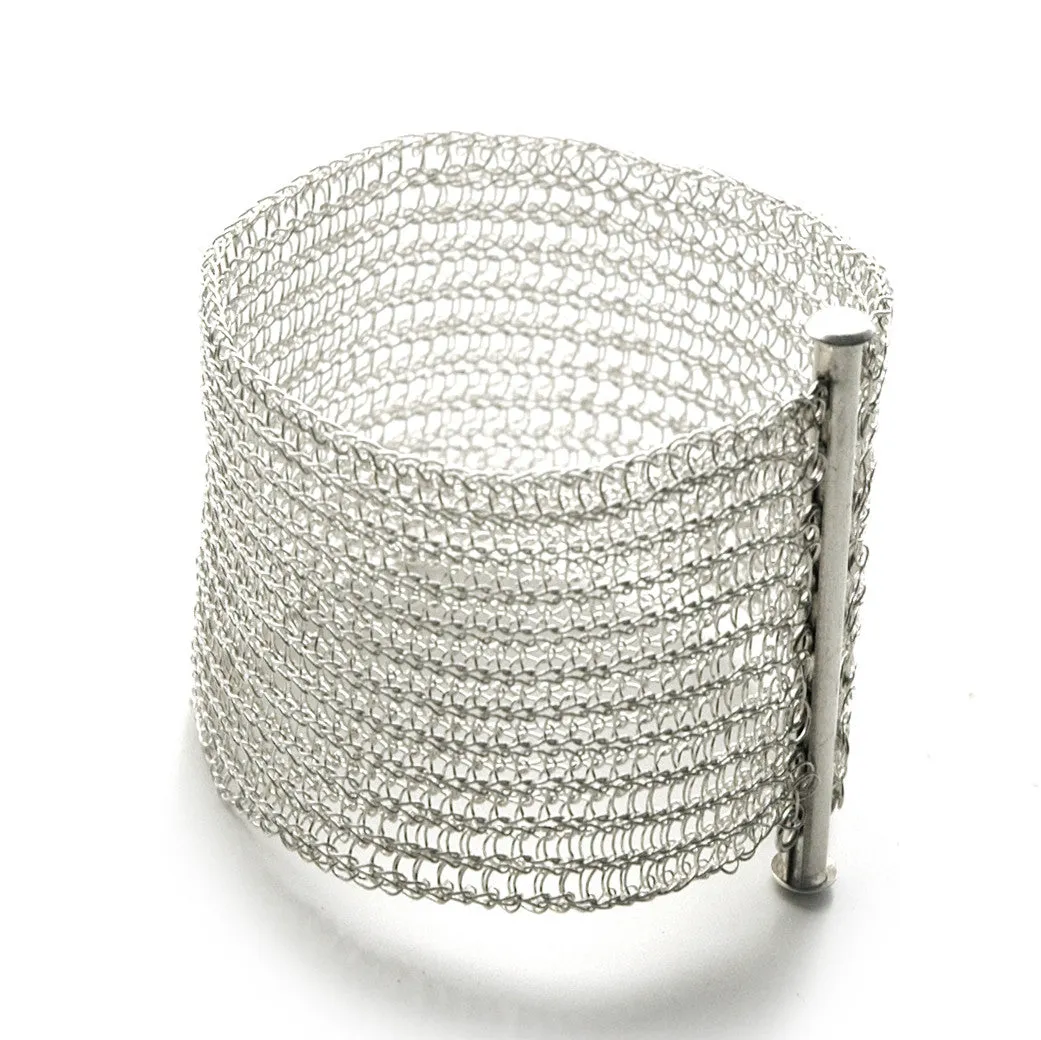 Silver Cuff Bracelet , Wide Knitted Handmade Cuff