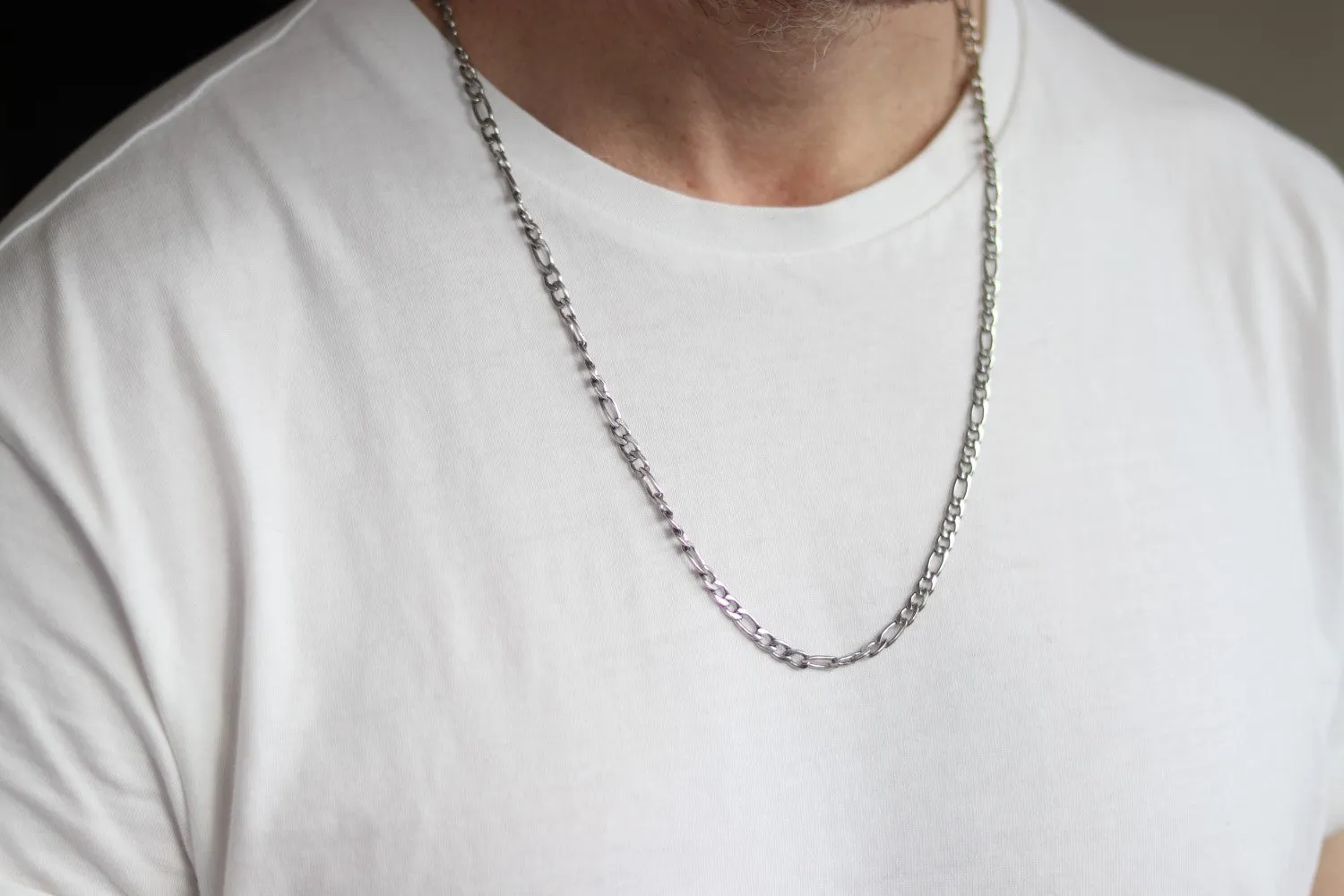 Silver links chain necklace for men, men's necklace, waterproof Figaro cable chain