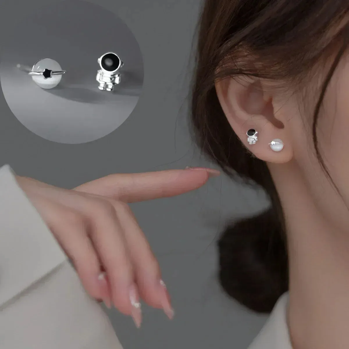 Silver-plate Asymmetric Cute Space Astronaut Planet Opal Stud Earrings for Women Silver Color Lovely Simple Ear Piercing Jewelry