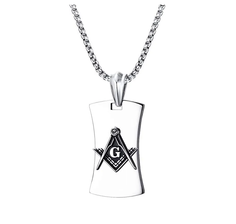 Silver Stainless Steel Freemason Necklace Dog Tag Masonic Chain Jewelry Square & Compass Braided Bracelet 24in.