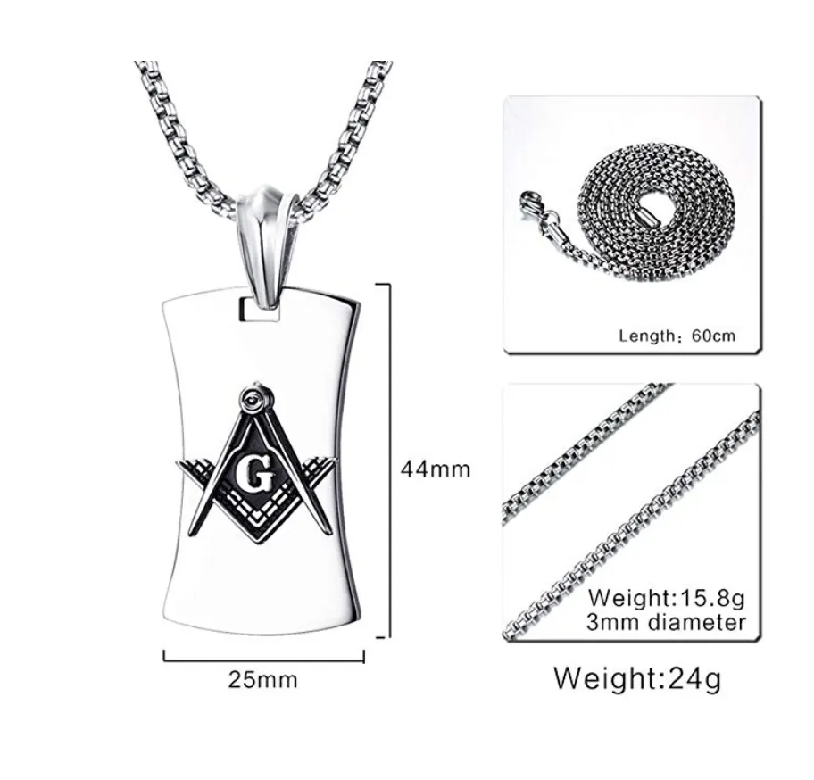 Silver Stainless Steel Freemason Necklace Dog Tag Masonic Chain Jewelry Square & Compass Braided Bracelet 24in.