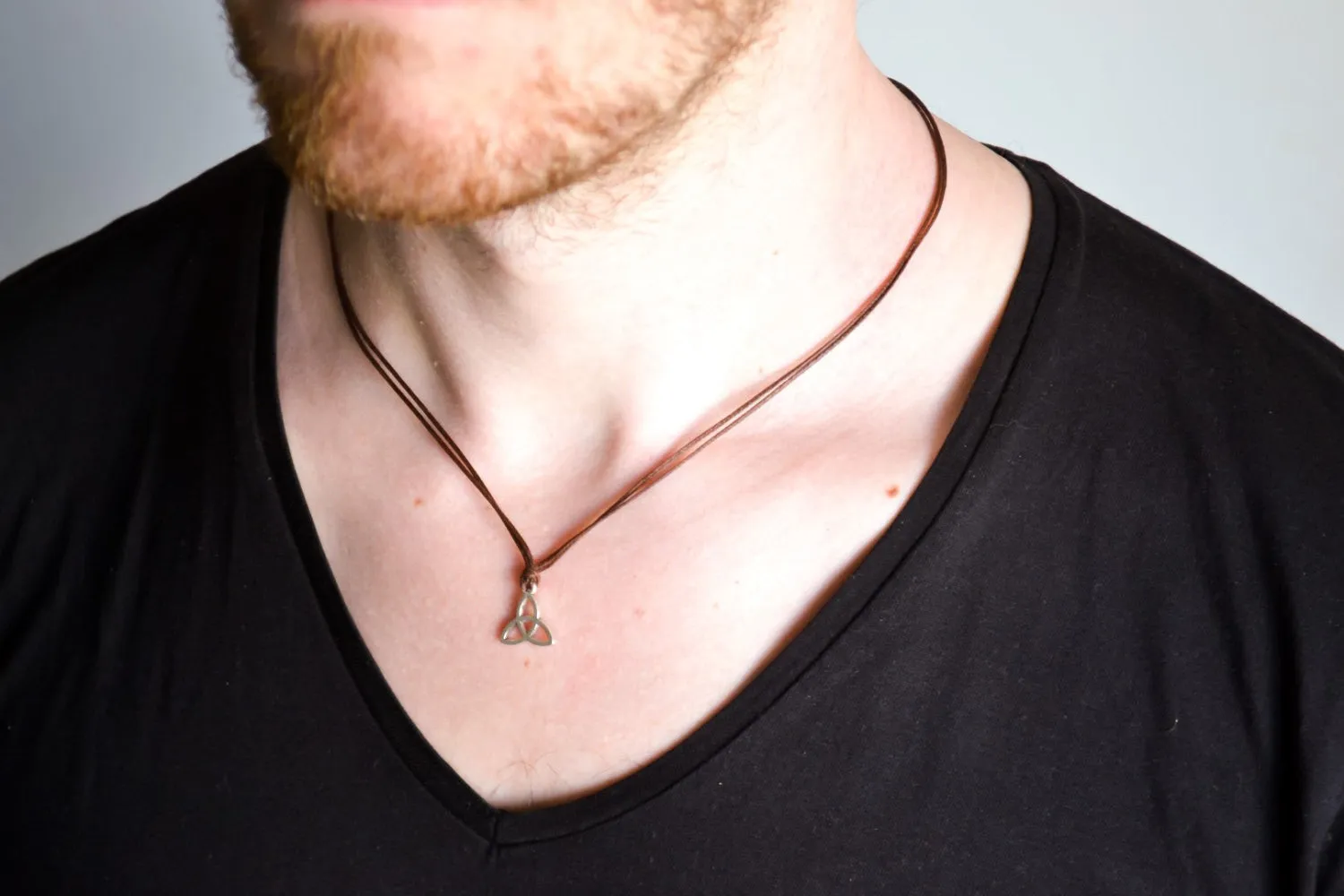 Silver Trinity necklace for men, brown cord, gift for him