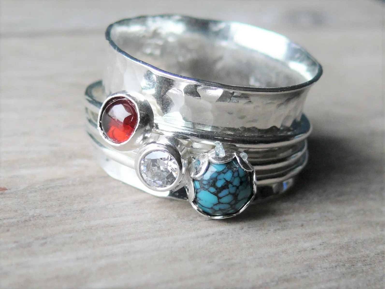 Silver turquoise ring • Three stone ring worry ring • 3 band spinner ring • Anxiety jewelry • Silver spinning ring • Turquoise garnet ring