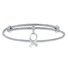 Silver/Stainless Steel Round Charm Pink Created Zircon Bangle